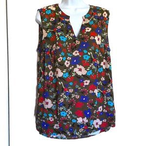 New Cabi Sleeveless Floral Top V Neck Shell Rounded Hem Olive & Multi  NWOT Sz M
